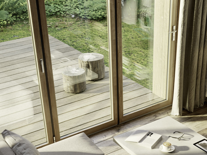 Die Glas-Faltwand aus Holz sorgt für ein behagliches Raumgefühl und eine enge Verbindung zur Natur.  Bildnachweis: Solarlux GmbH